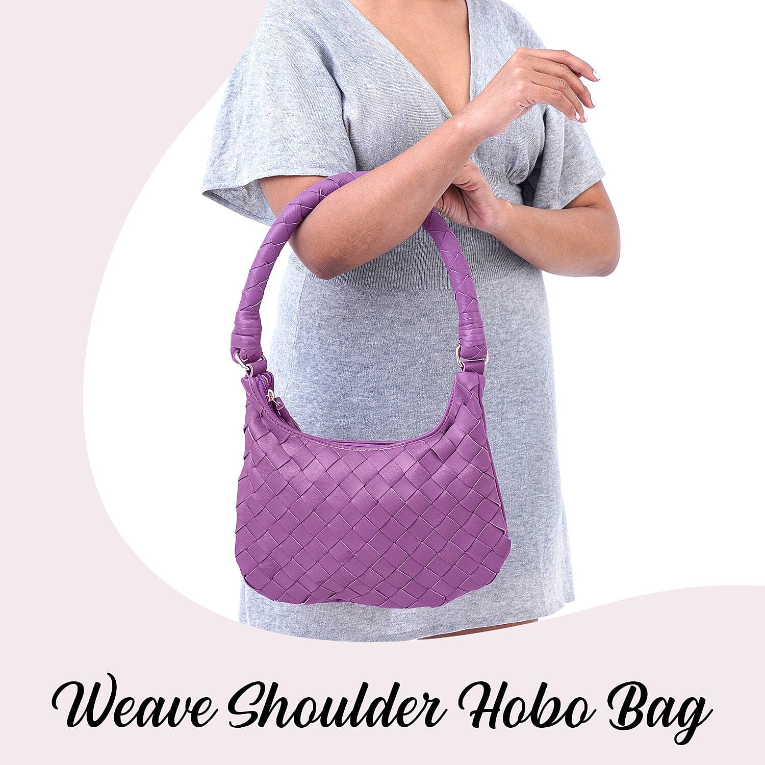 100% Genuine Leather Weaved Shoulder Hobo Bag - Purple