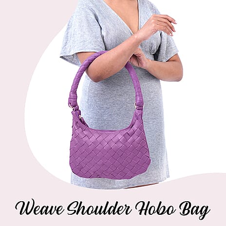 100% Genuine Leather Weaved Shoulder Hobo Bag - Purple