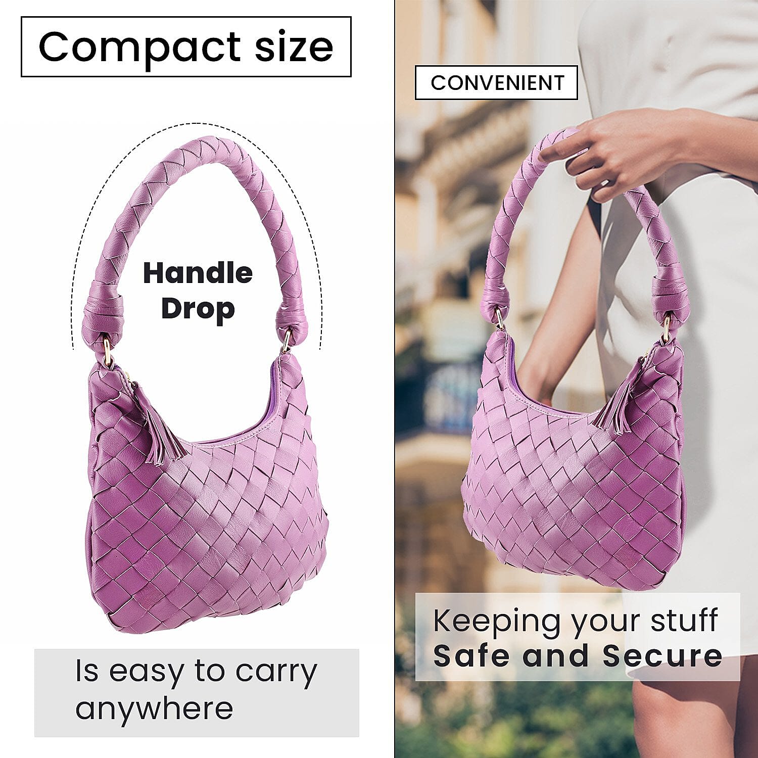 100% Genuine Leather Weaved Shoulder Hobo Bag - Purple
