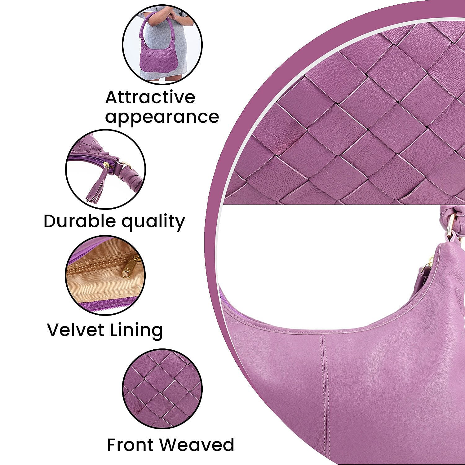 100% Genuine Leather Weaved Shoulder Hobo Bag - Purple