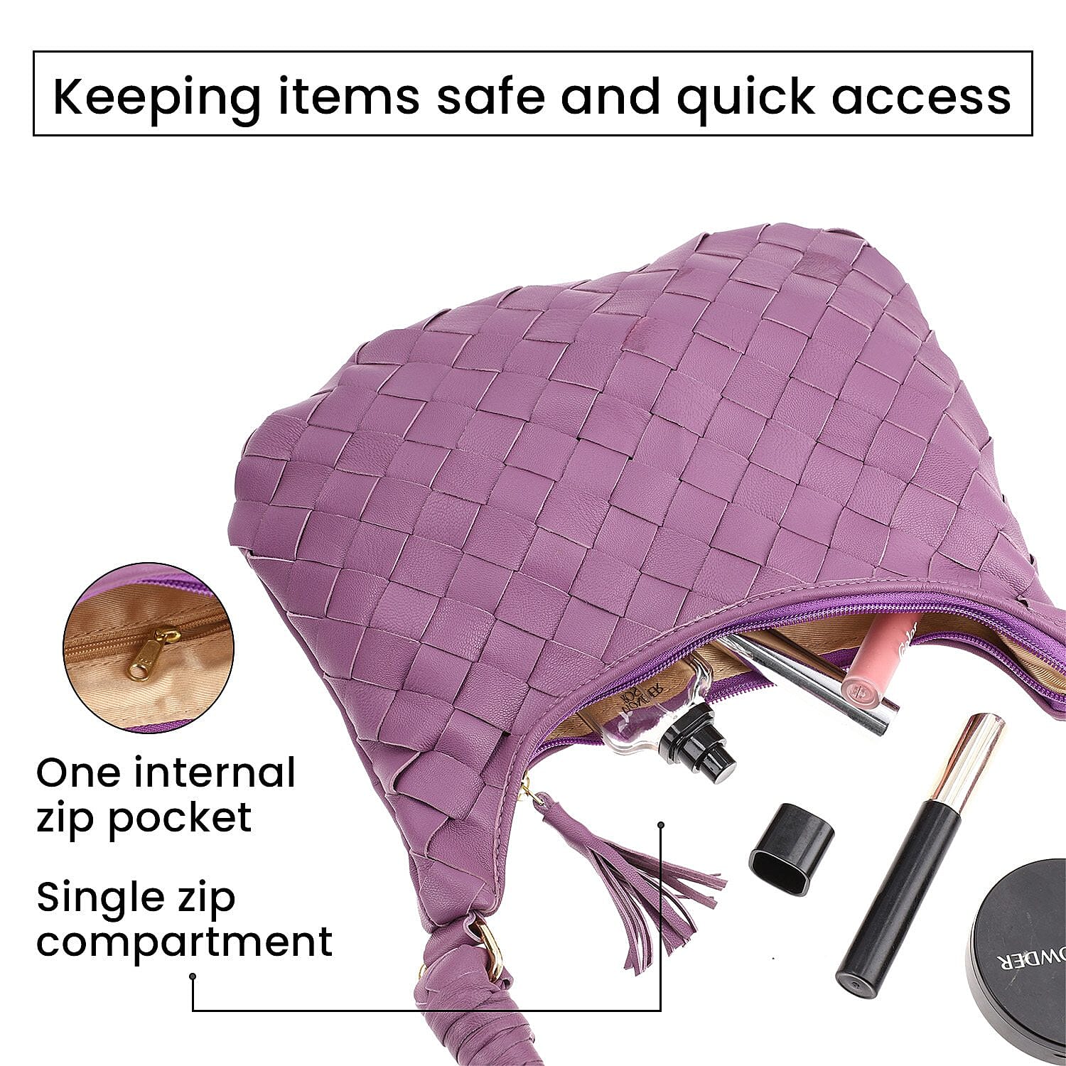 100% Genuine Leather Weaved Shoulder Hobo Bag - Purple