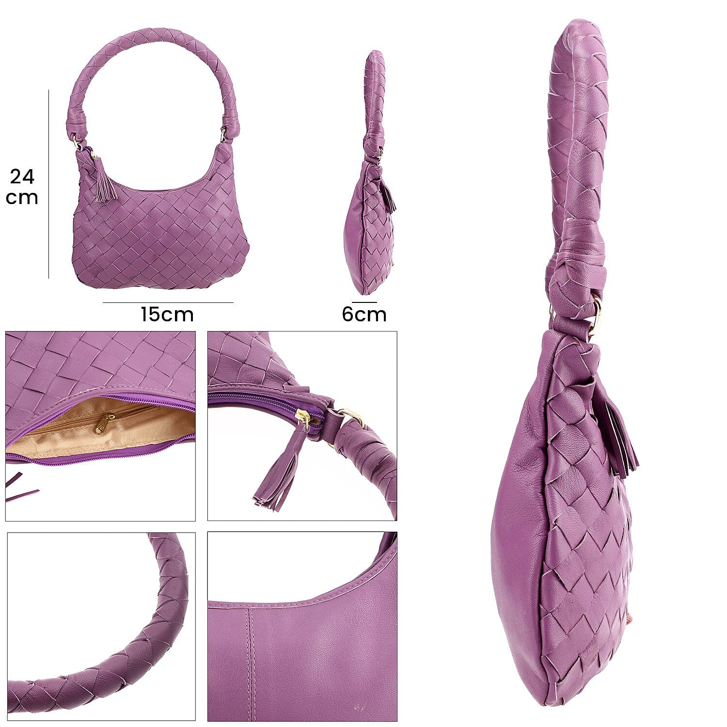 100% Genuine Leather Weaved Shoulder Hobo Bag - Purple