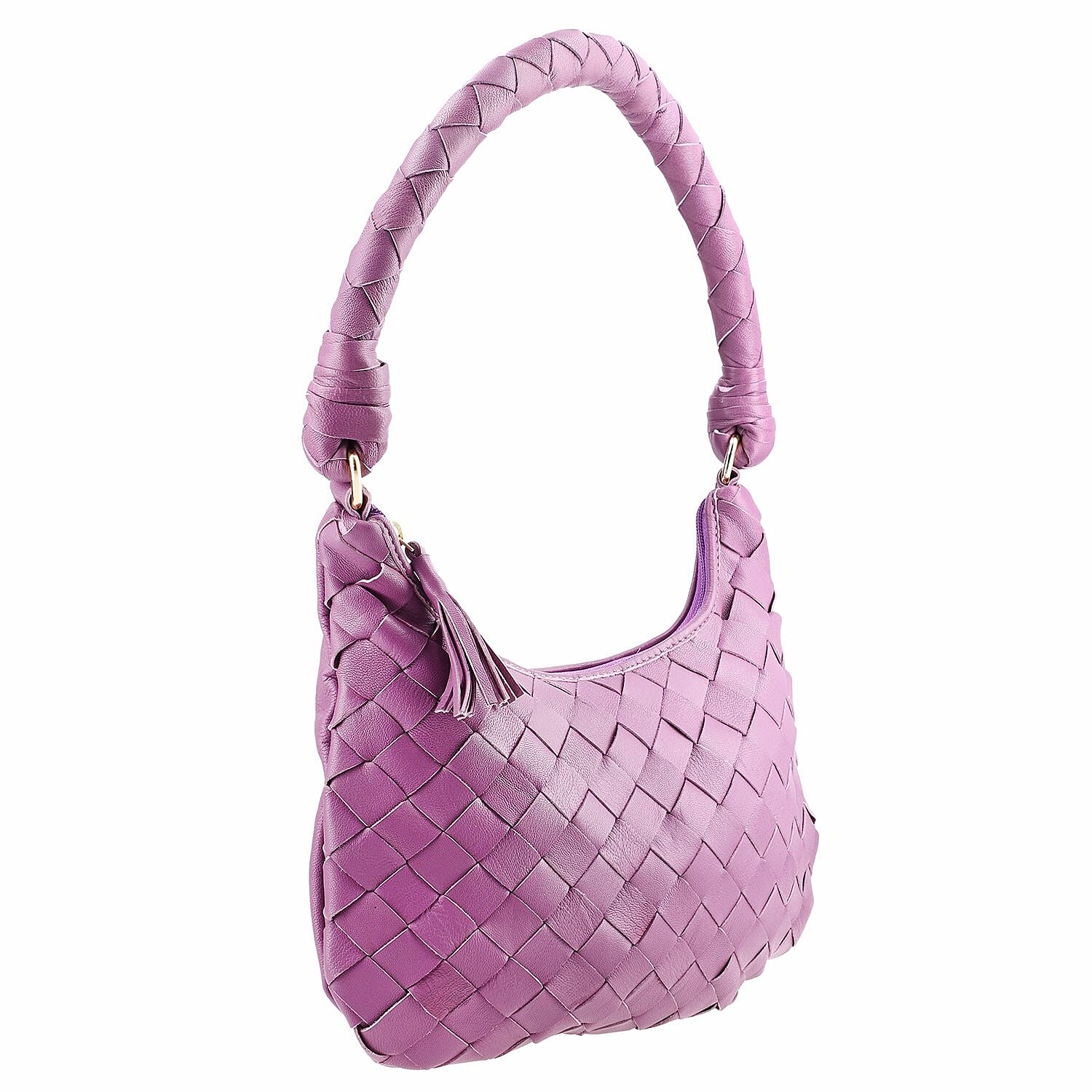 100% Genuine Leather Weaved Shoulder Hobo Bag - Purple