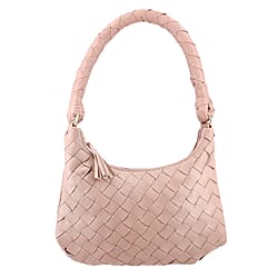 Genuine Leather Weaved Shoulder Hobo Bag - Light Brown