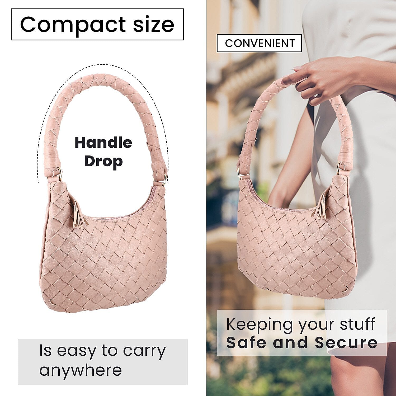 100% Genuine Leather Weaved Shoulder Hobo Bag - Light Brown