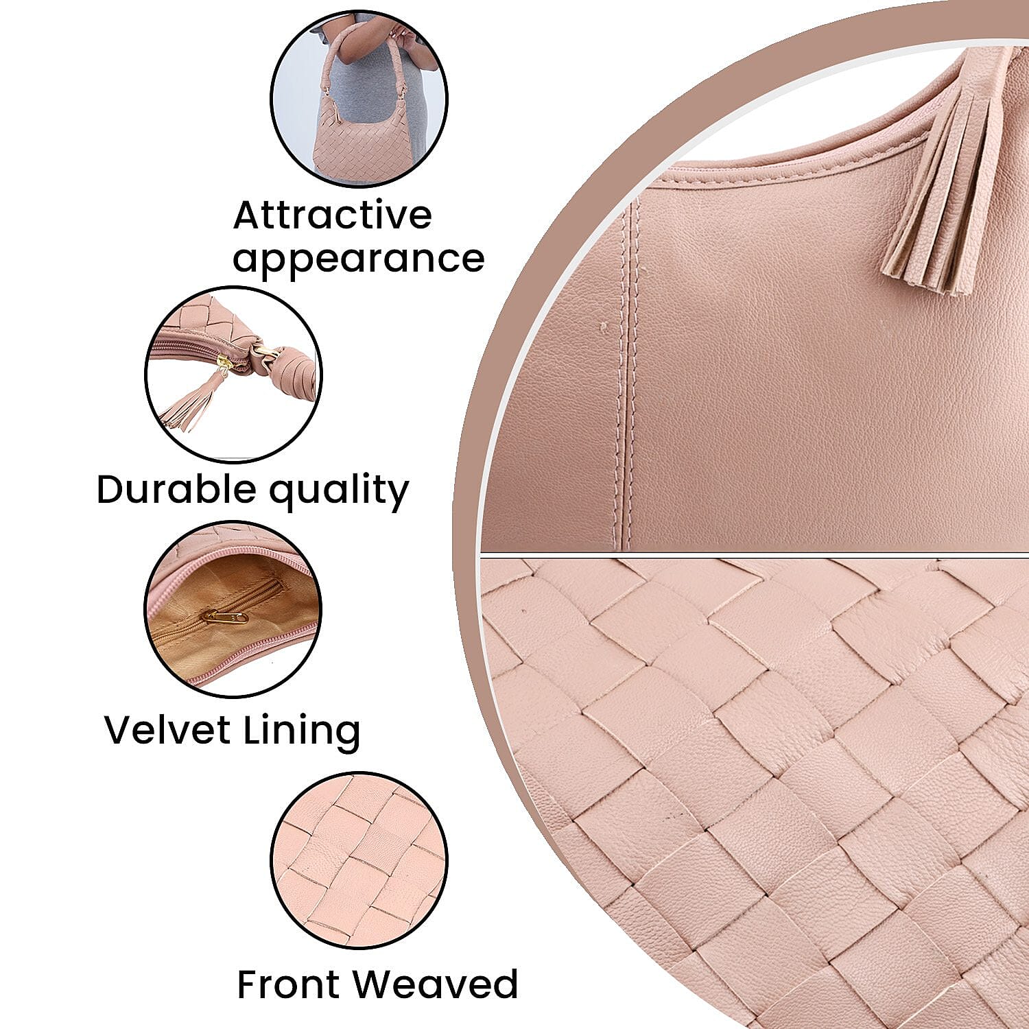 100% Genuine Leather Weaved Shoulder Hobo Bag - Light Brown