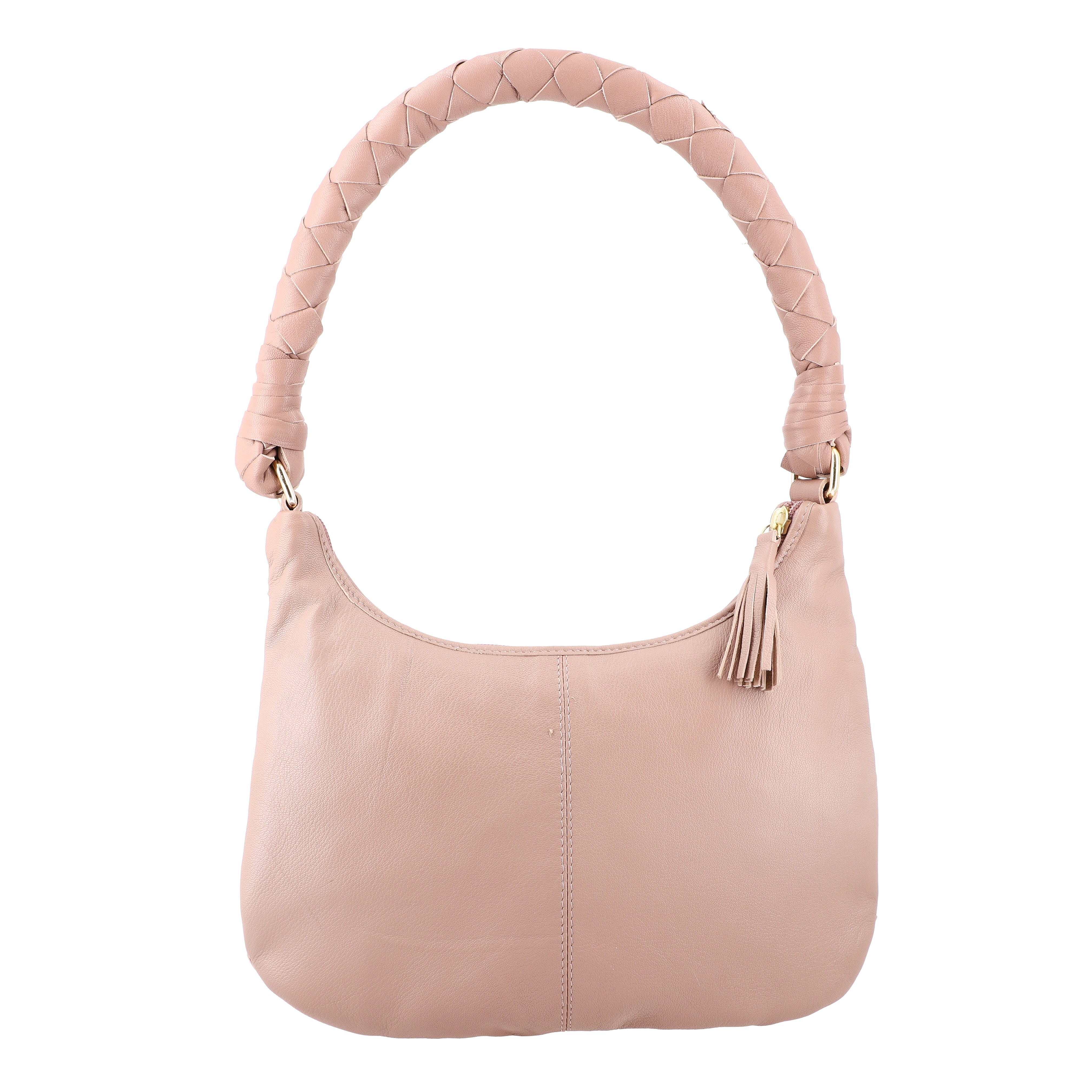 100% Genuine Leather Weaved Shoulder Hobo Bag - Light Brown