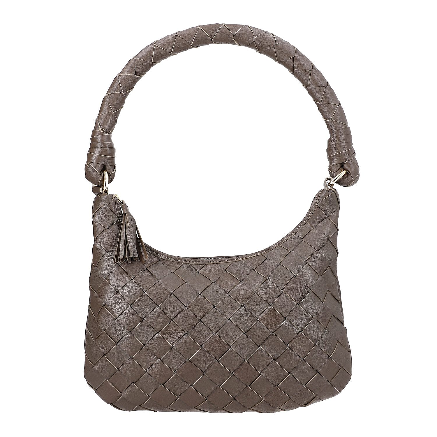 100% Genuine Leather Weaved Shoulder Hobo Bag - Dark Brown