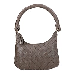 Genuine Leather Weaved Shoulder Hobo Bag - Light Brown