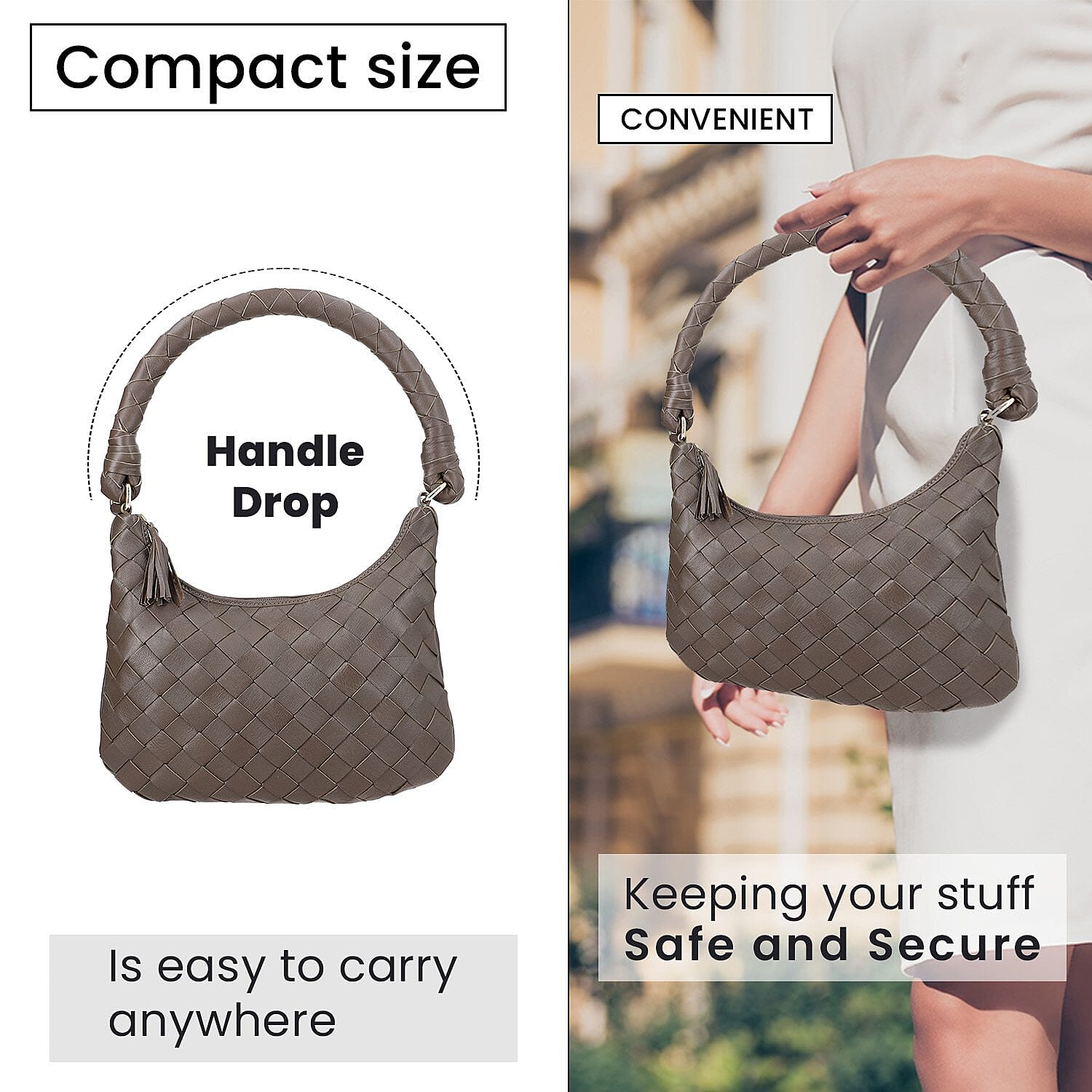 100% Genuine Leather Weaved Shoulder Hobo Bag - Dark Brown