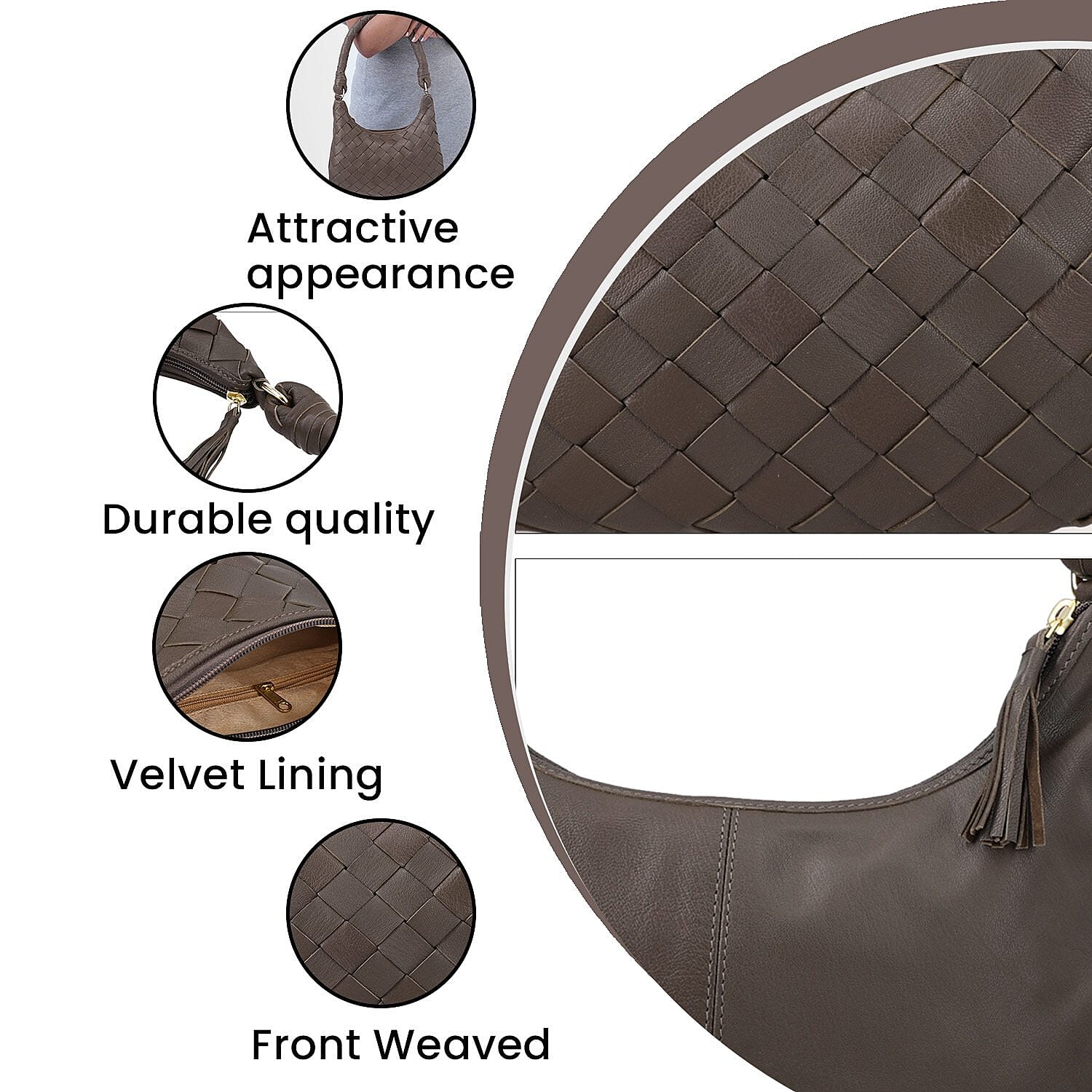 100% Genuine Leather Weaved Shoulder Hobo Bag - Dark Brown