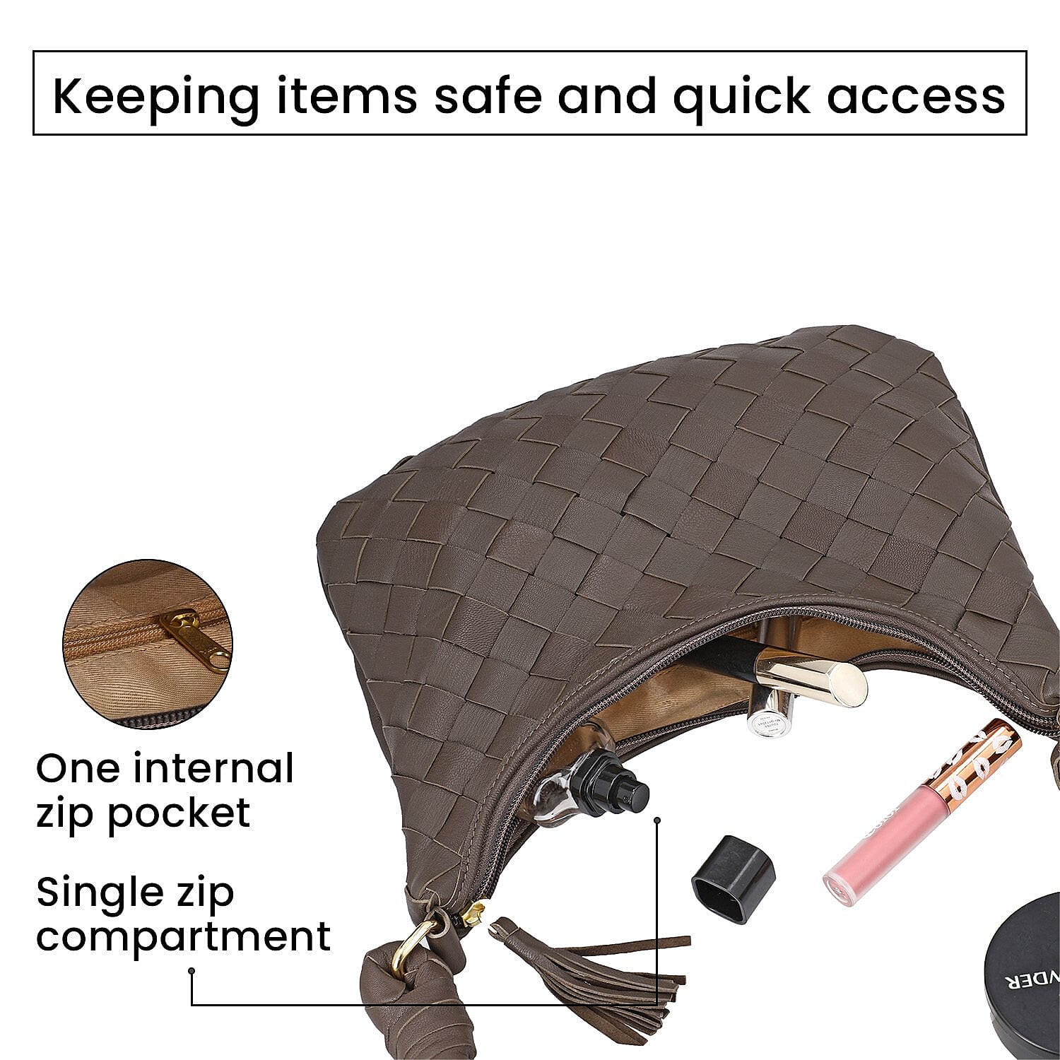 100% Genuine Leather Weaved Shoulder Hobo Bag - Dark Brown