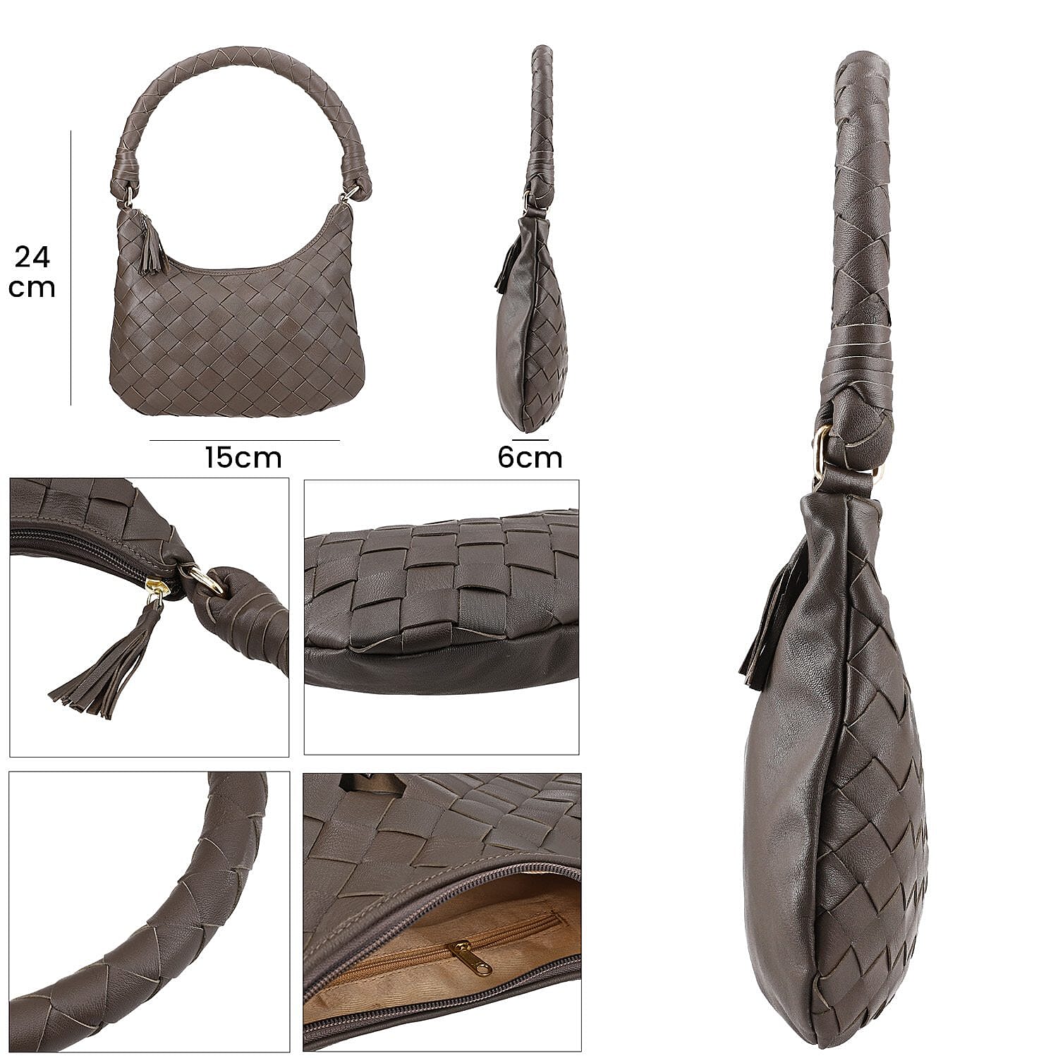 100% Genuine Leather Weaved Shoulder Hobo Bag - Dark Brown