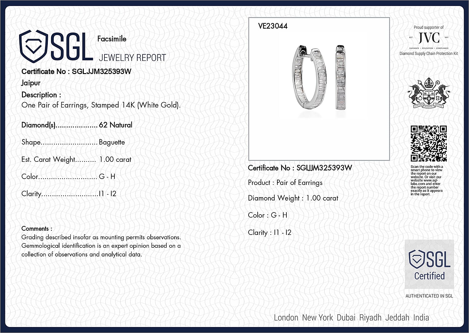 NY Closeout - 14K White Gold SGL Certified Diamond (I1-I2-G-H) Hoop Earrings 1.00 Ct.