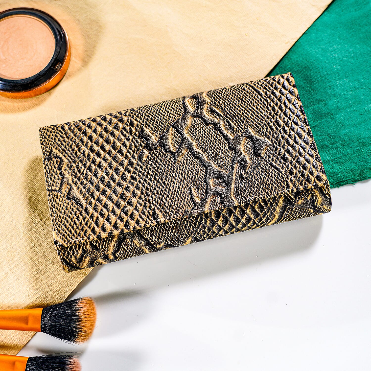 Genuine Leather Python Embossed Pattern Womens Rfid Protected Wallet - Cream