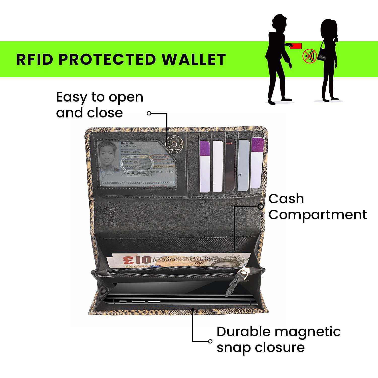 Genuine Leather Python Embossed Pattern Womens Rfid Protected Wallet - Cream