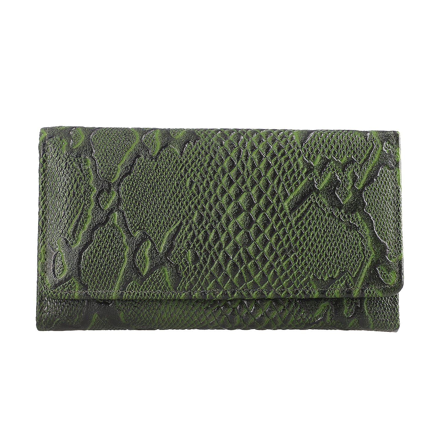 100% Genuine Leather Python Embossed RFID Protected Wallet (Size 18x10 Cm) - Bottle Green
