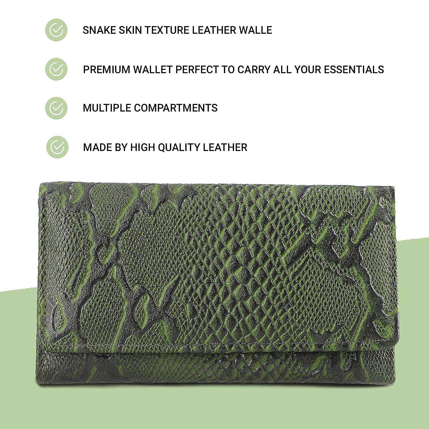 100% Genuine Leather Python Embossed RFID Protected Wallet (Size 18x10 Cm) - Bottle Green