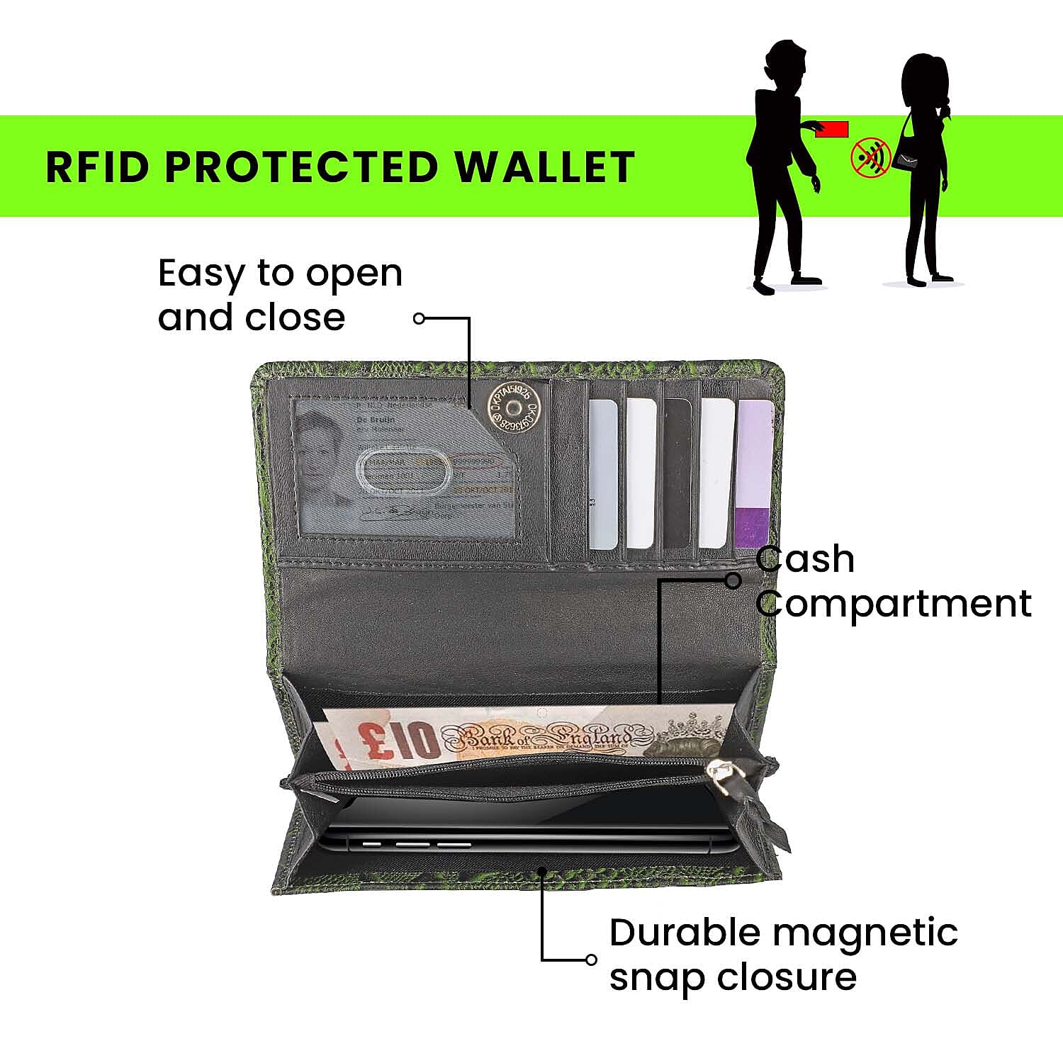 100% Genuine Leather Python Embossed RFID Protected Wallet (Size 18x10 Cm) - Bottle Green