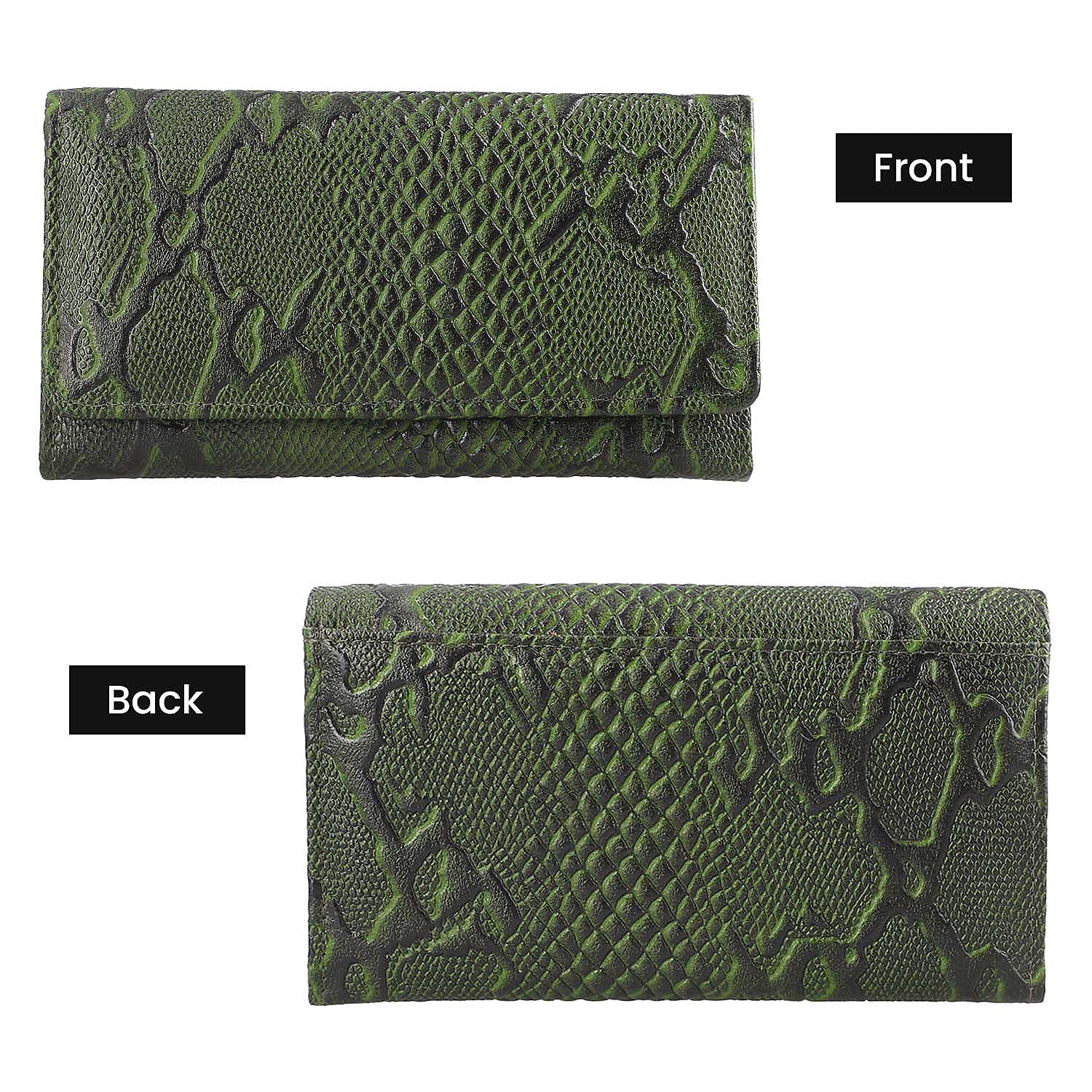 100% Genuine Leather Python Embossed RFID Protected Wallet (Size 18x10 Cm) - Bottle Green