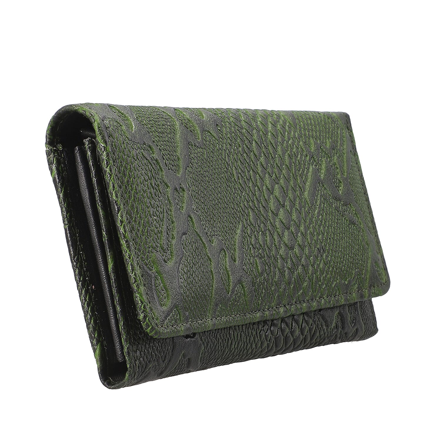 100% Genuine Leather Python Embossed RFID Protected Wallet (Size 18x10 Cm) - Bottle Green