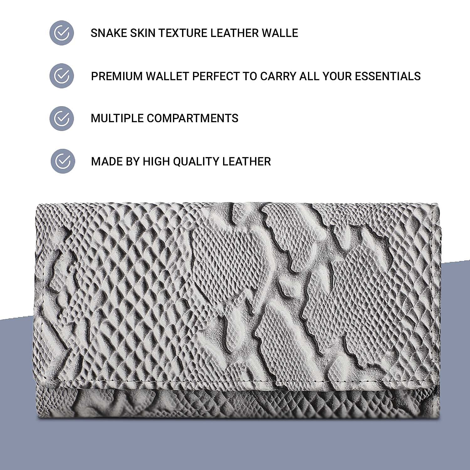 100% Genuine Leather Python Embossed RFID Protected Wallet (Size 18x10 Cm) - White