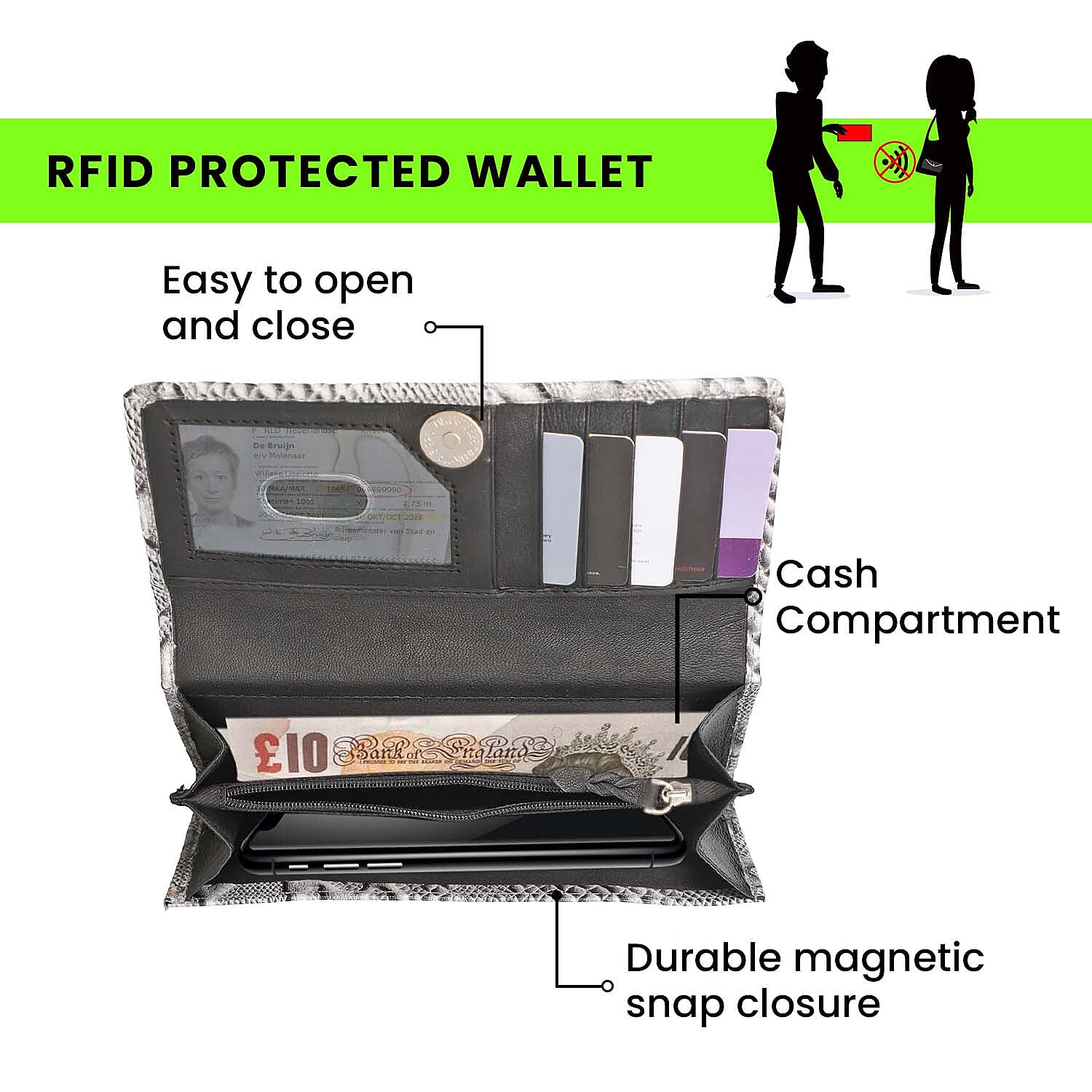 100% Genuine Leather Python Embossed RFID Protected Wallet (Size 18x10 Cm) - White