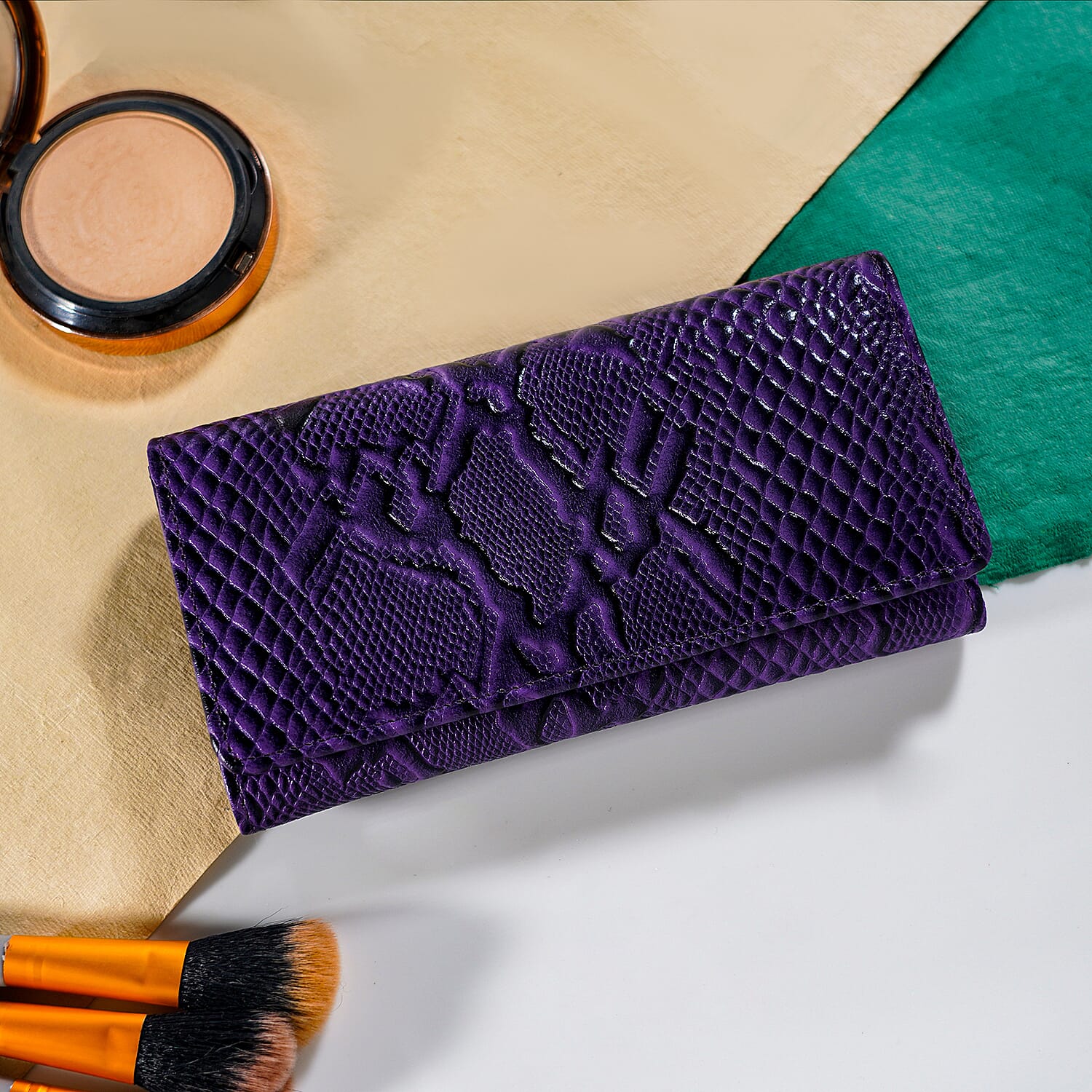 100% Genuine Leather Python Embossed RFID Protected Wallet (Size 18x10 Cm) - Purple