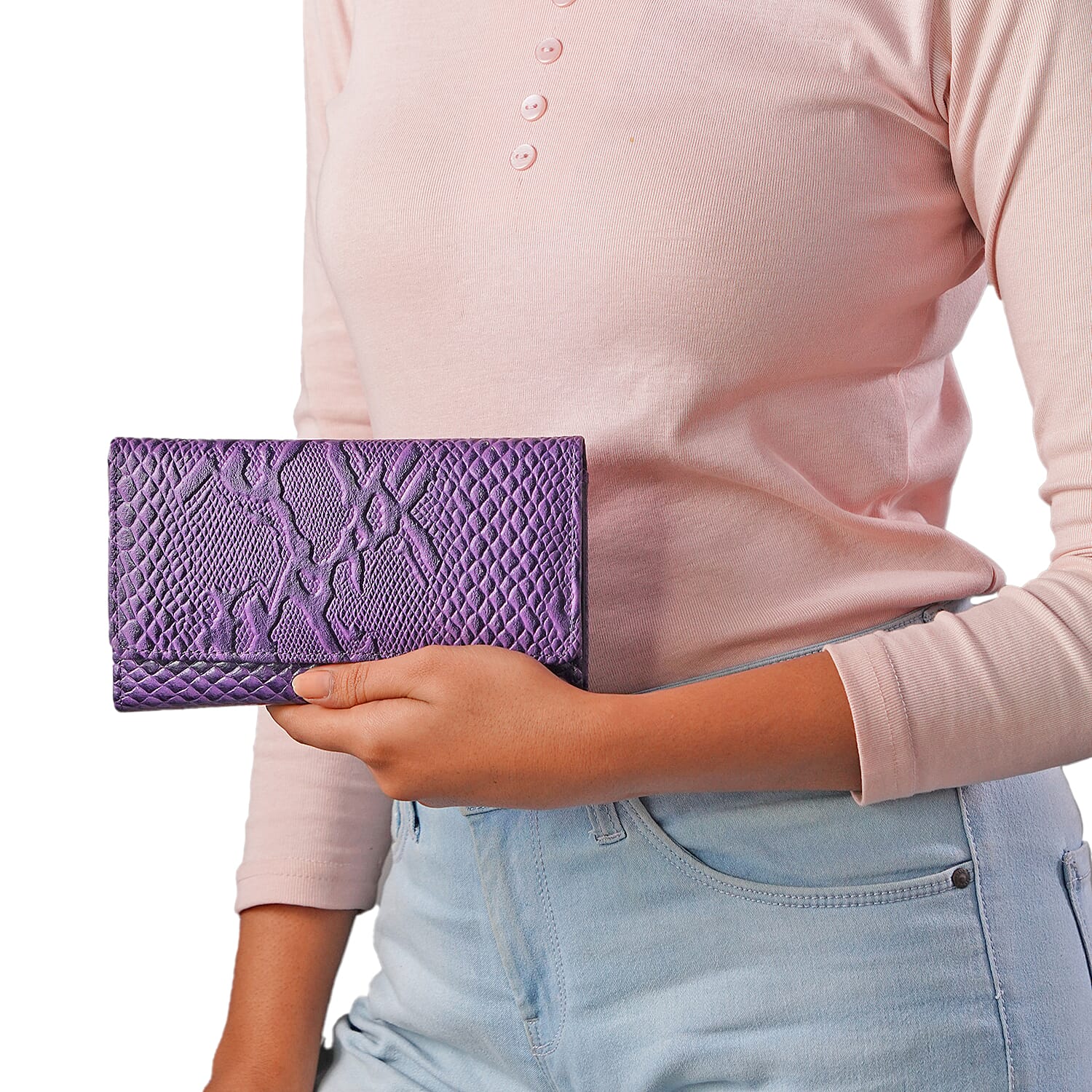 100% Genuine Leather Python Embossed RFID Protected Wallet (Size 18x10 Cm) - Purple