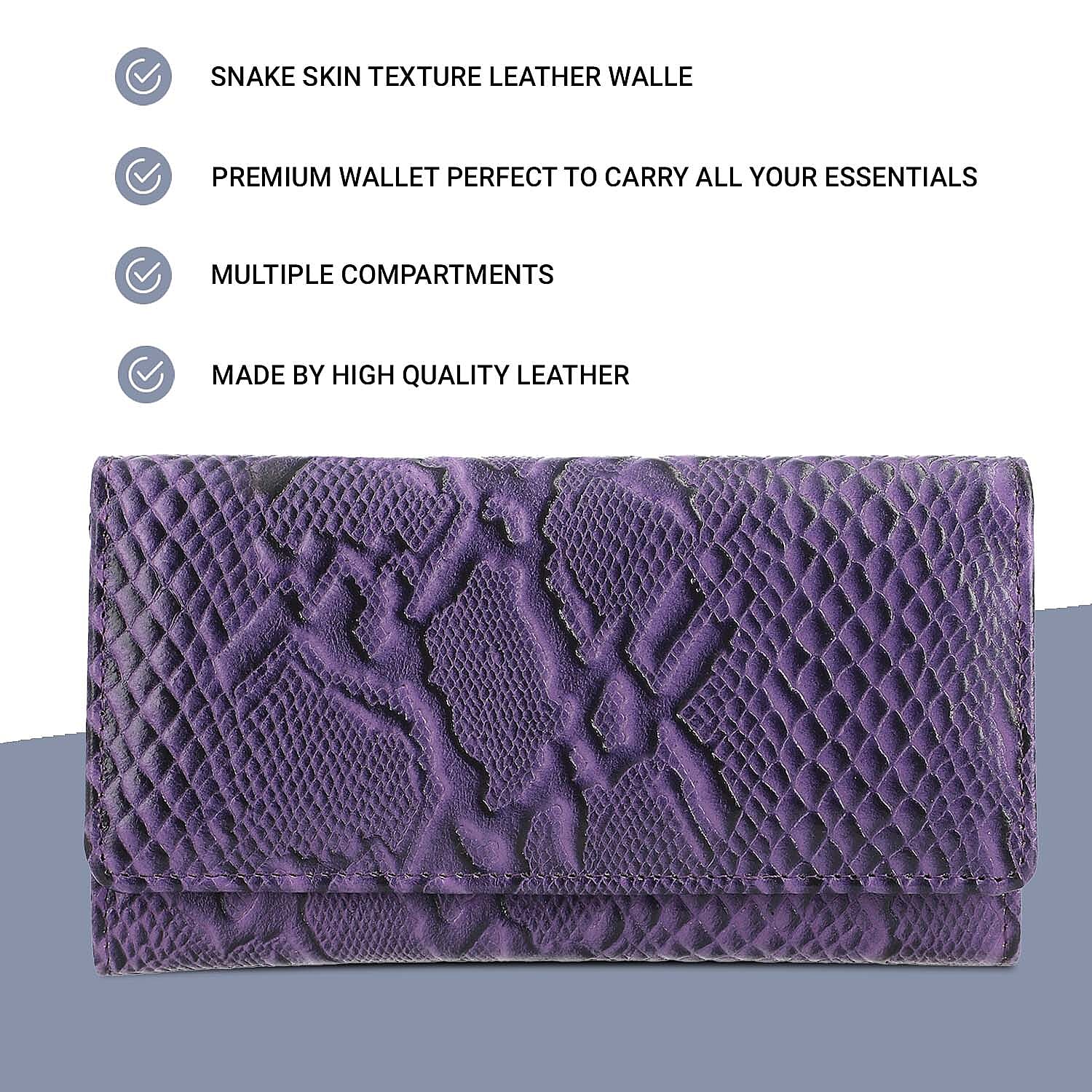 100% Genuine Leather Python Embossed RFID Protected Wallet (Size 18x10 Cm) - Purple