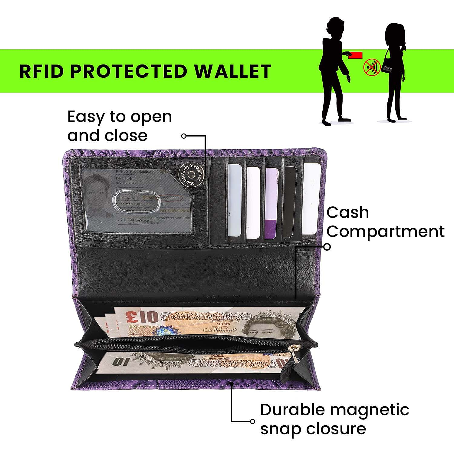 100% Genuine Leather Python Embossed RFID Protected Wallet (Size 18x10 Cm) - Purple
