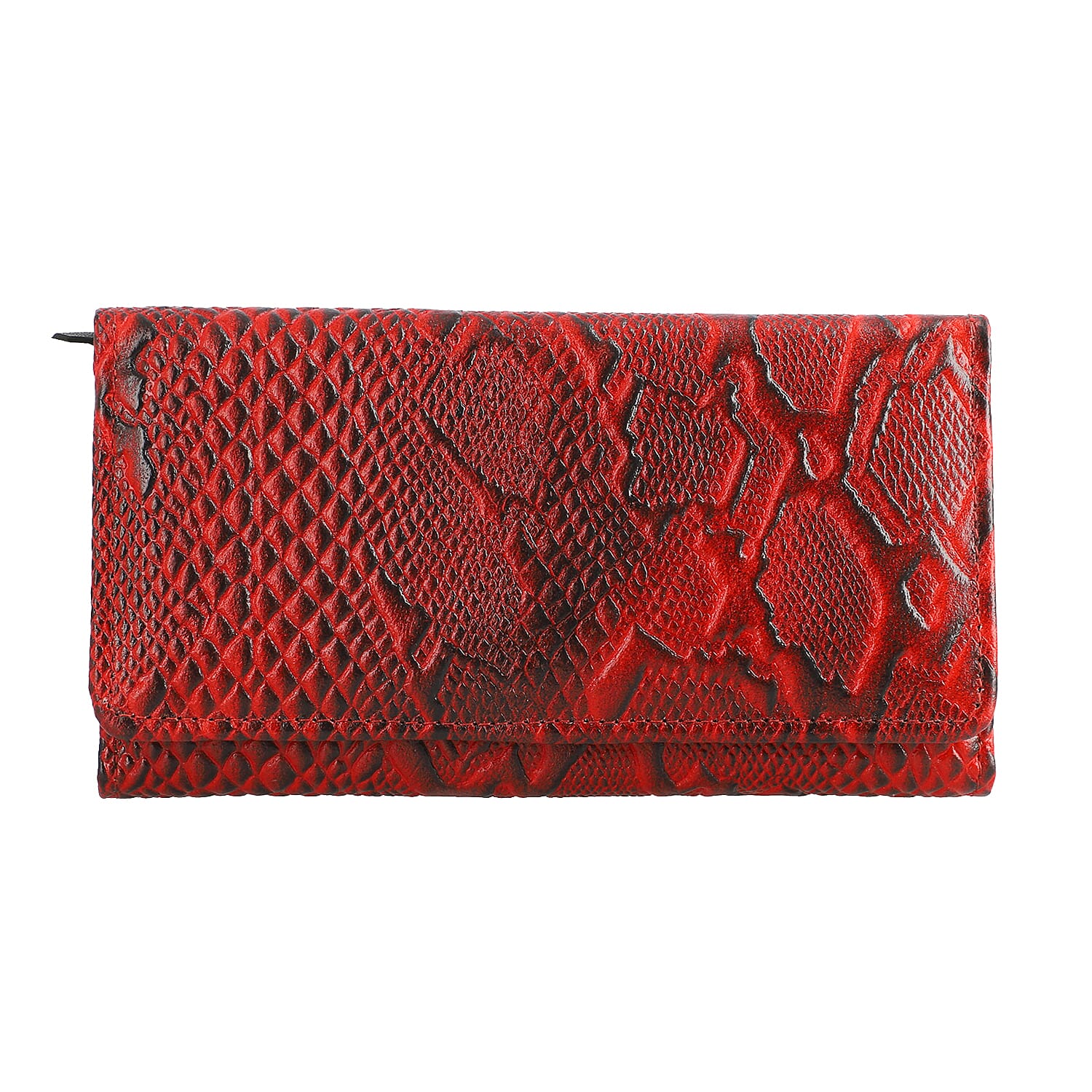 100% Genuine Leather Python Embossed RFID Protected Wallet (Size 18x10 Cm) - Red