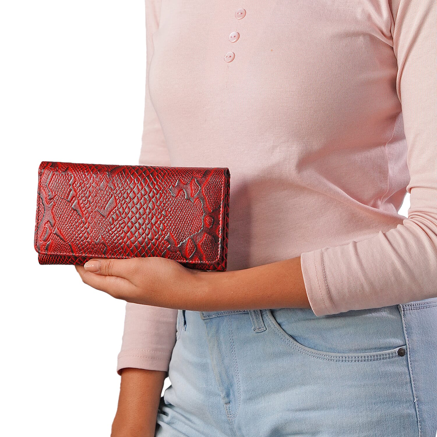 100% Genuine Leather Python Embossed RFID Protected Wallet (Size 18x10 Cm) - Red