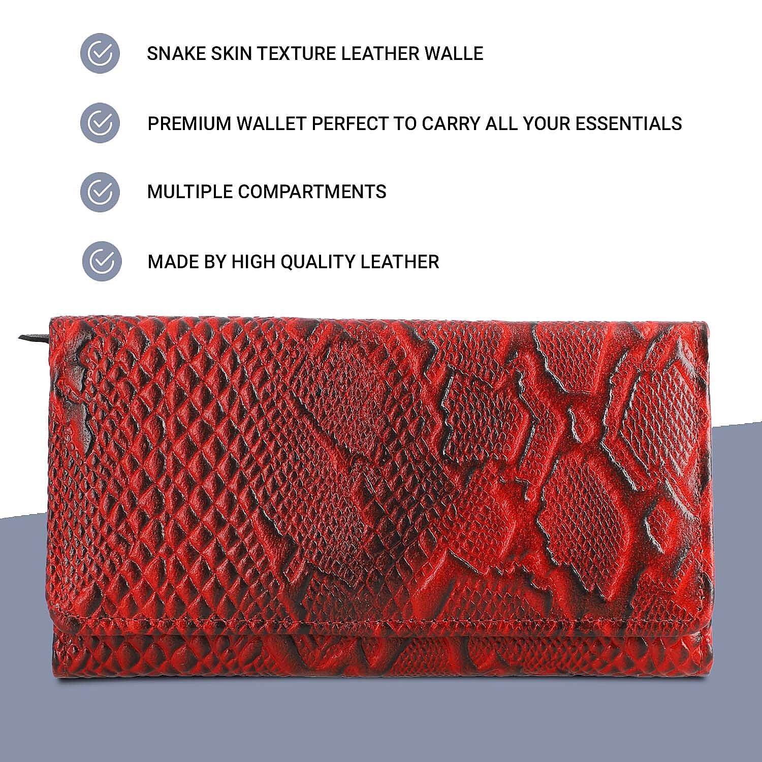 100% Genuine Leather Python Embossed RFID Protected Wallet (Size 18x10 Cm) - Red