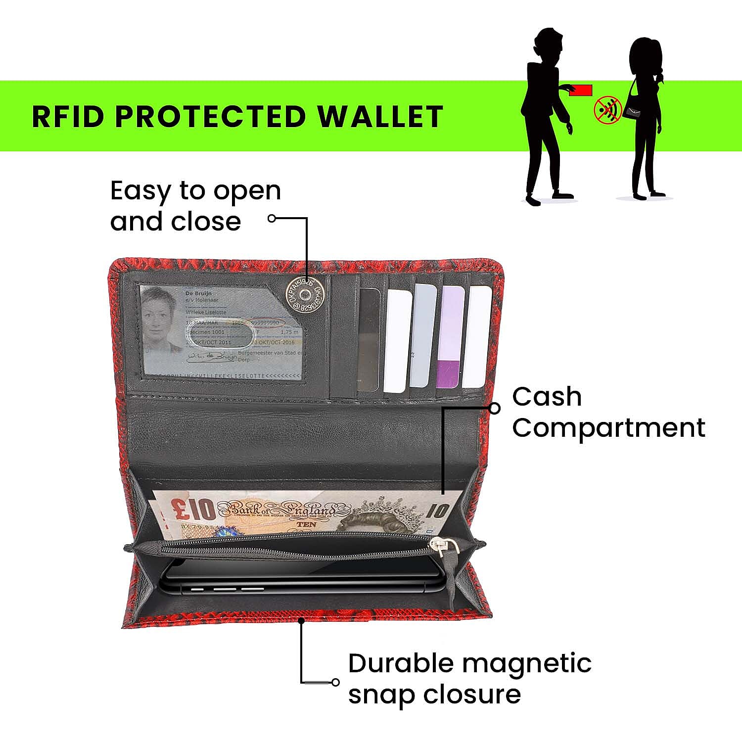 100% Genuine Leather Python Embossed RFID Protected Wallet (Size 18x10 Cm) - Red