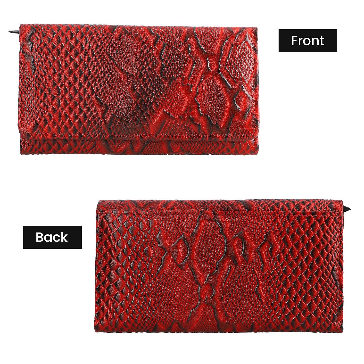 100% Genuine Leather Python Embossed RFID Protected Wallet (Size 18x10 Cm) - Red