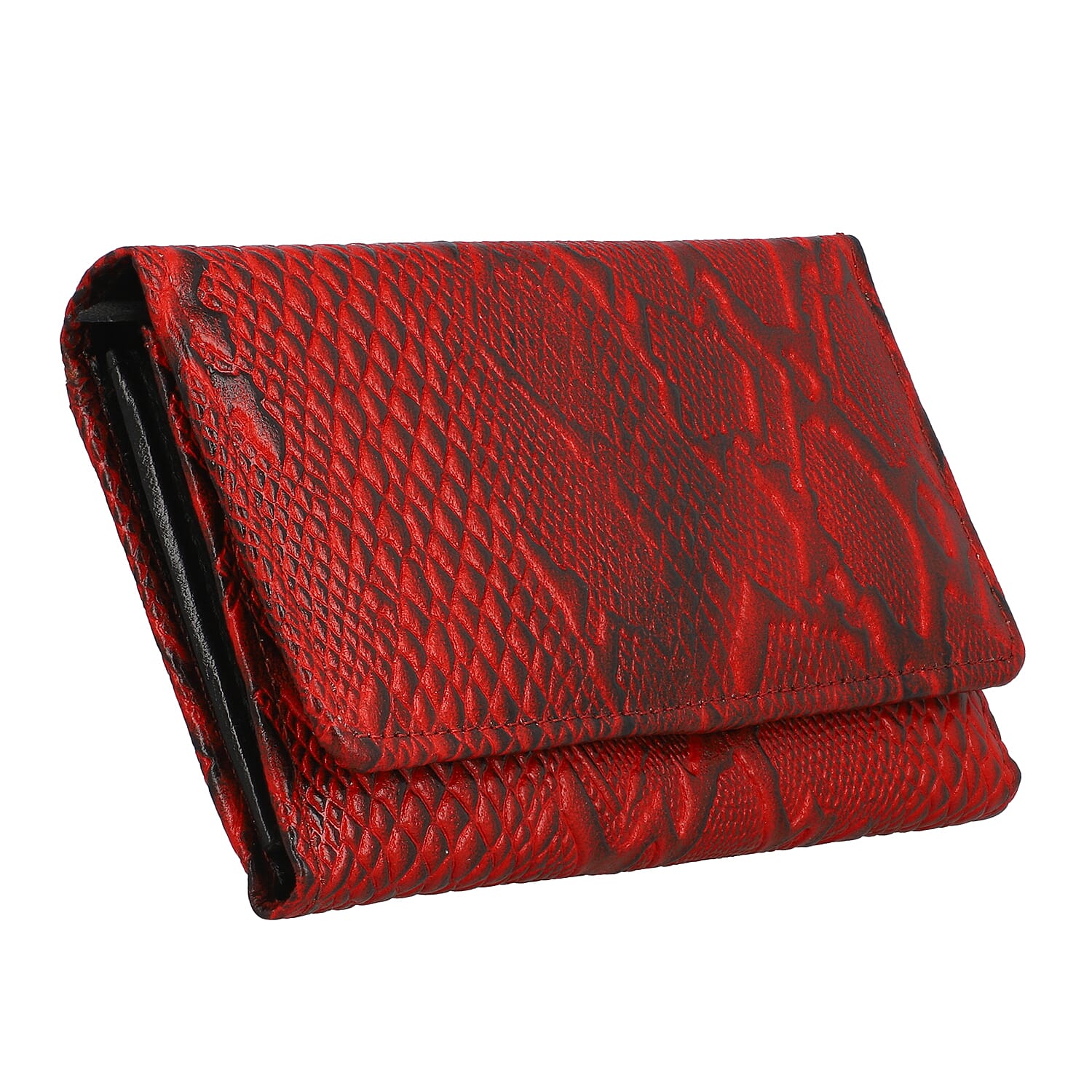 100% Genuine Leather Python Embossed RFID Protected Wallet (Size 18x10 Cm) - Red