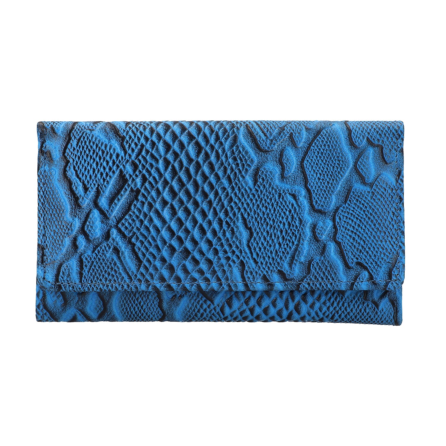 100% Genuine Leather Python Embossed RFID Protected Wallet (Size 18x10 Cm) - Sky Blue
