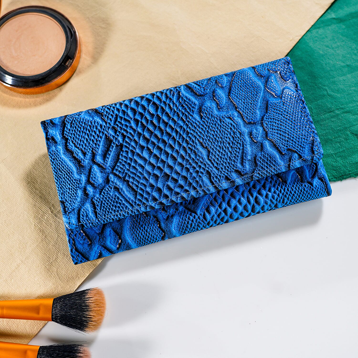 100% Genuine Leather Python Embossed RFID Protected Wallet (Size 18x10 Cm) - Sky Blue