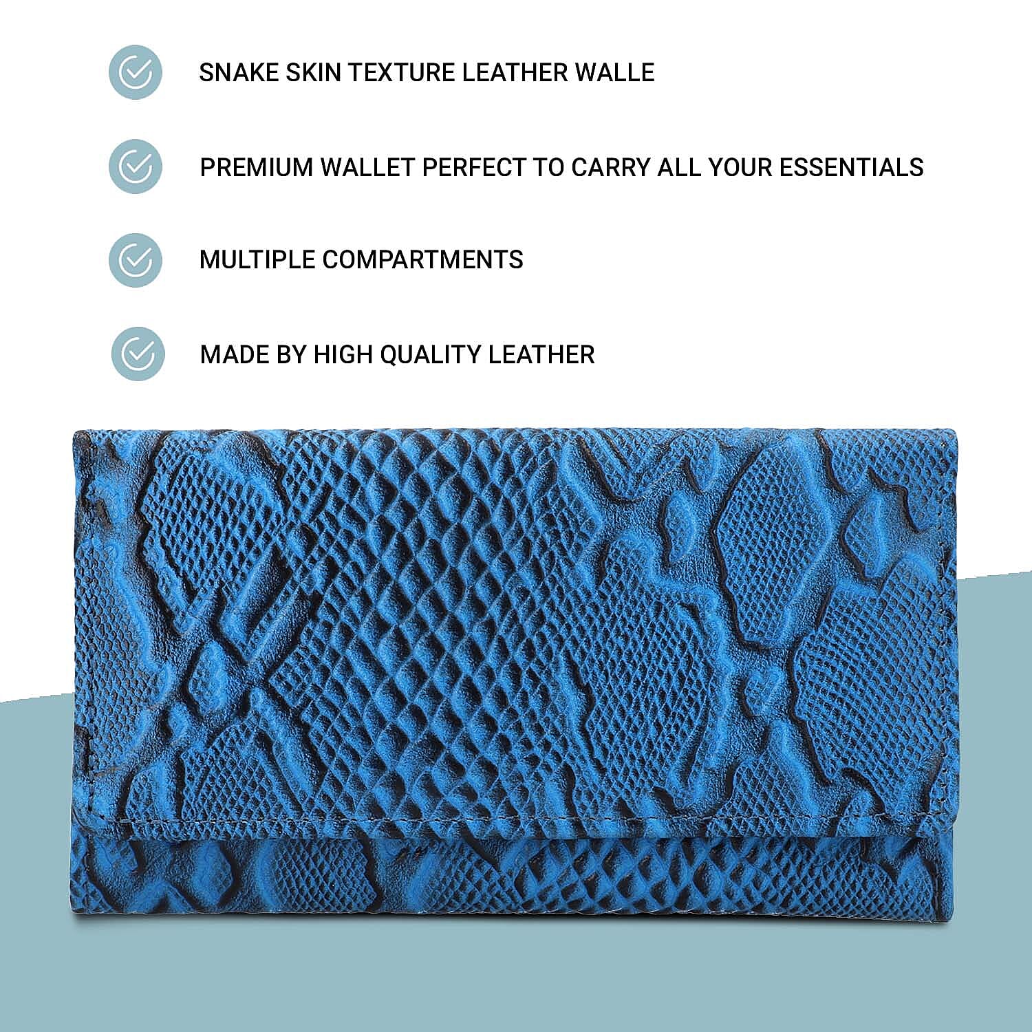 100% Genuine Leather Python Embossed RFID Protected Wallet (Size 18x10 Cm) - Sky Blue
