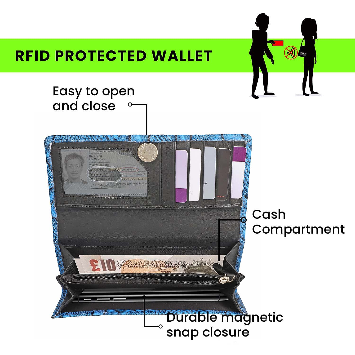 100% Genuine Leather Python Embossed RFID Protected Wallet (Size 18x10 Cm) - Sky Blue