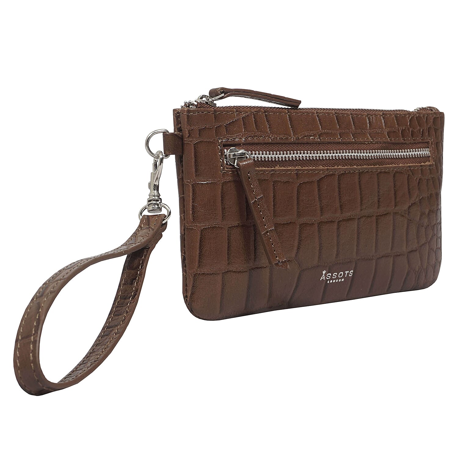 ASSOTS LONDON Dory 100% Genuine Leather Croc Embossed Wristlet Pouch (Size 20x11 Cm) - Tan