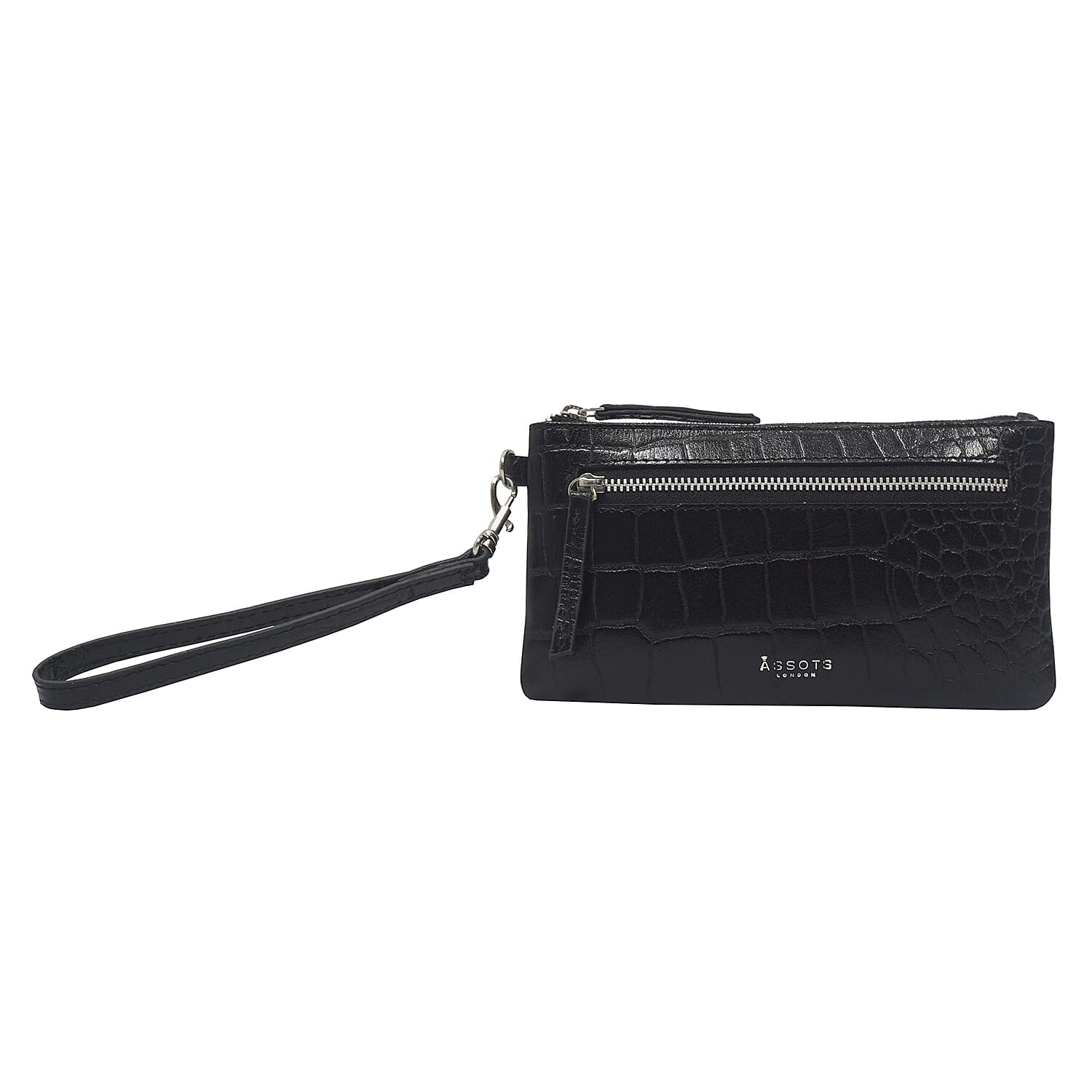 ASSOTS LONDON Dory 100% Genuine Leather Croc Embossed Wristlet Pouch (Size 20x11 Cm) - Black