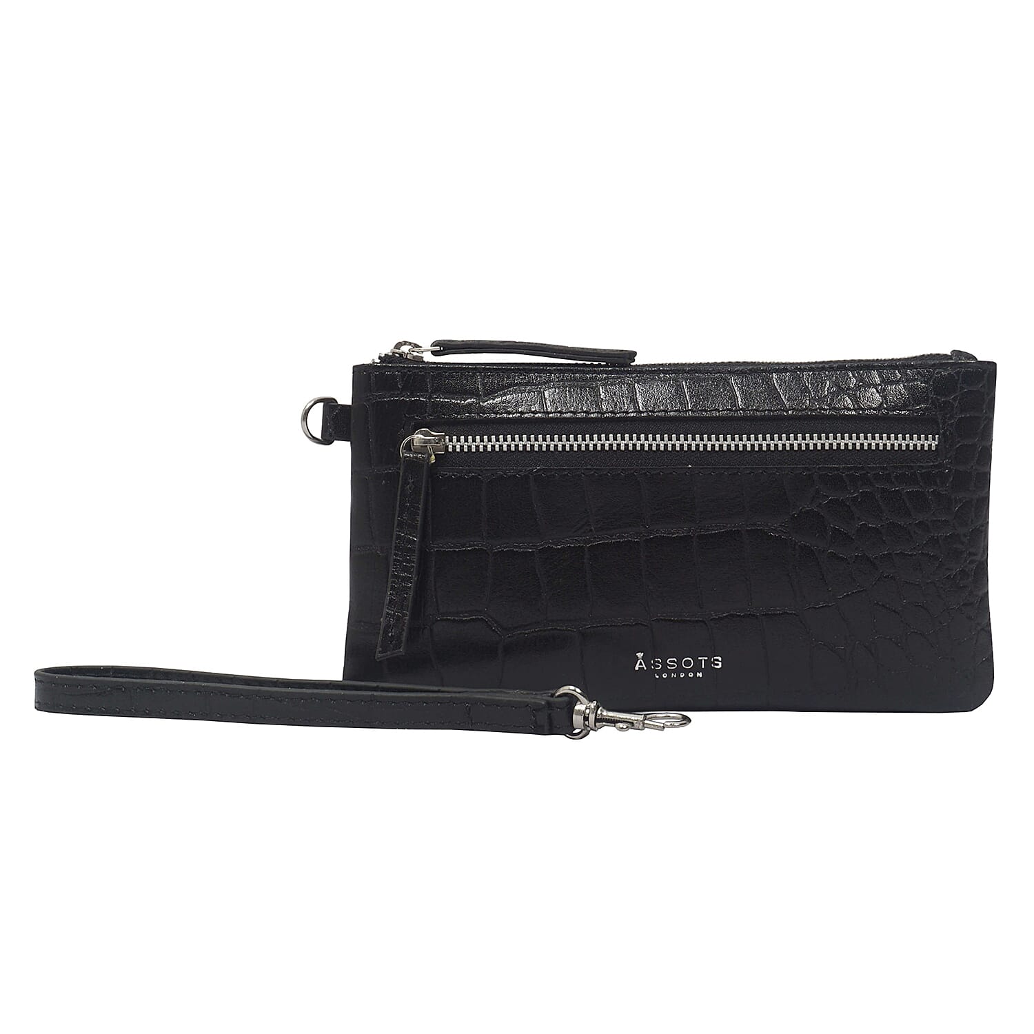 ASSOTS LONDON Dory 100% Genuine Leather Croc Embossed Wristlet Pouch (Size 20x11 Cm) - Black