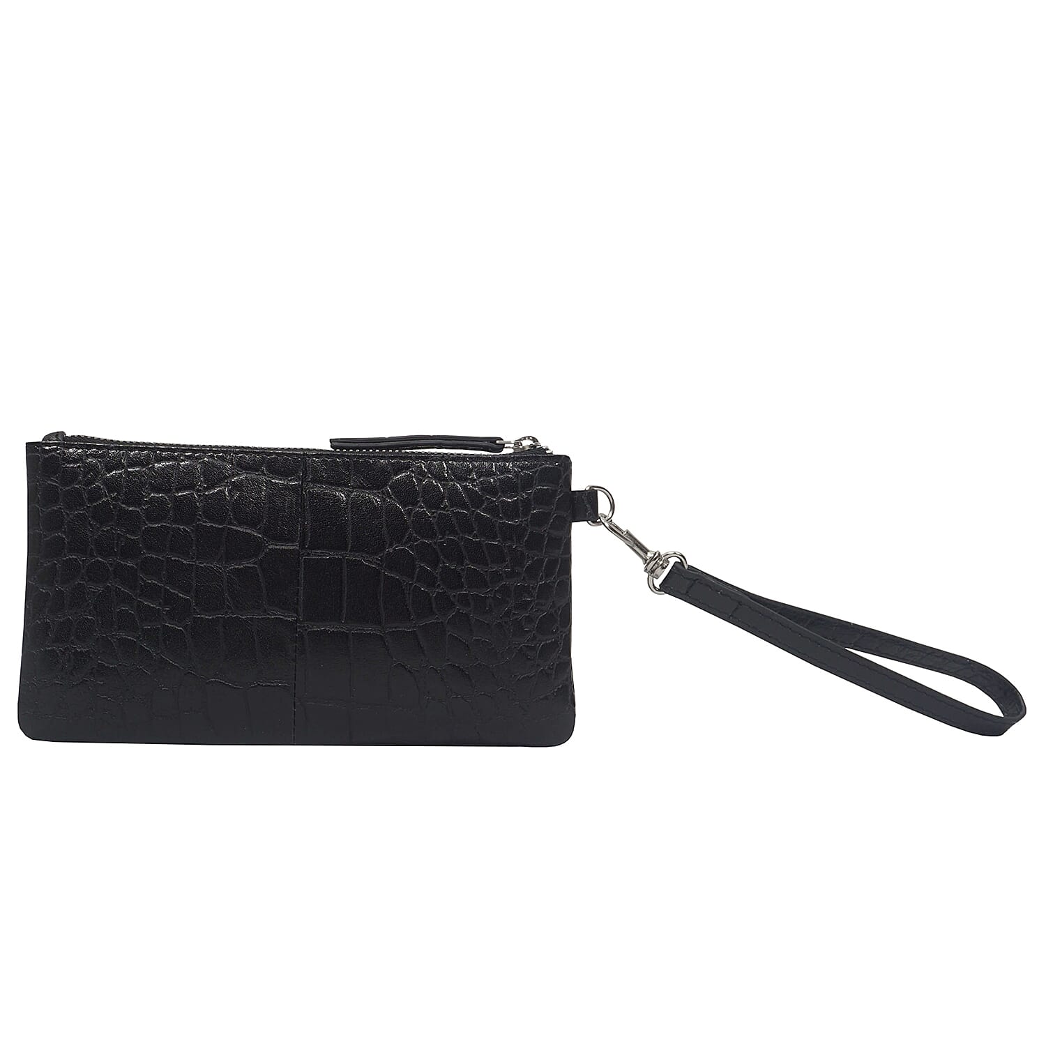 ASSOTS LONDON Dory 100% Genuine Leather Croc Embossed Wristlet Pouch (Size 20x11 Cm) - Black