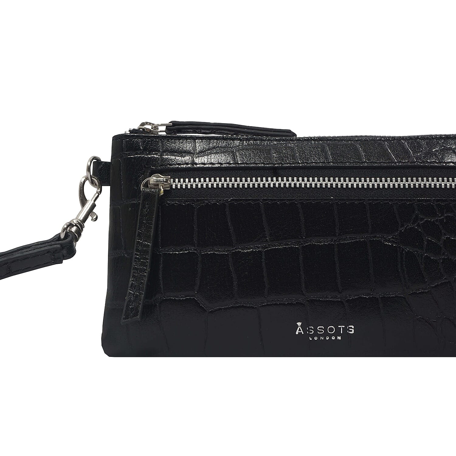 ASSOTS LONDON Dory 100% Genuine Leather Croc Embossed Wristlet Pouch (Size 20x11 Cm) - Black