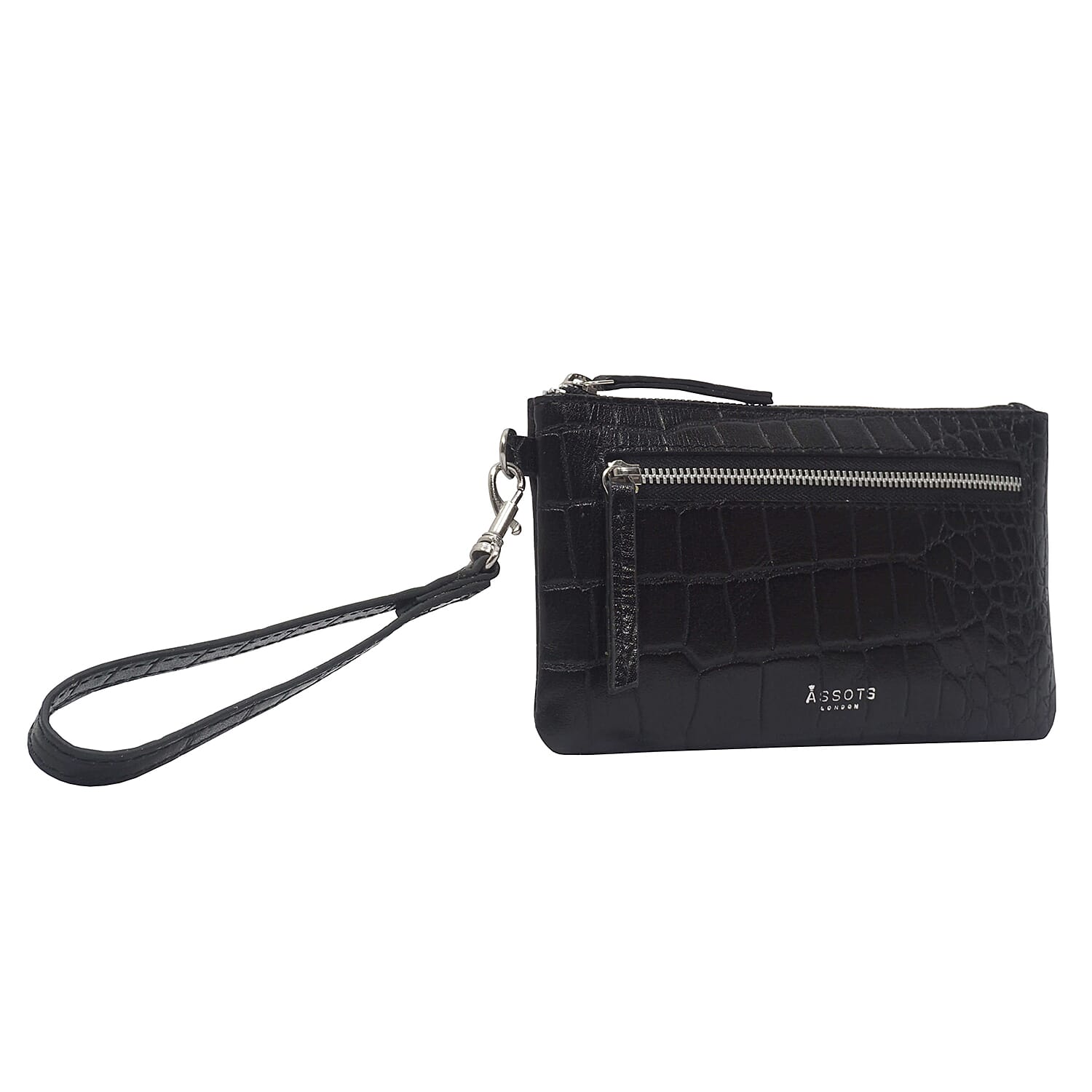 ASSOTS LONDON Dory 100% Genuine Leather Croc Embossed Wristlet Pouch (Size 20x11 Cm) - Black
