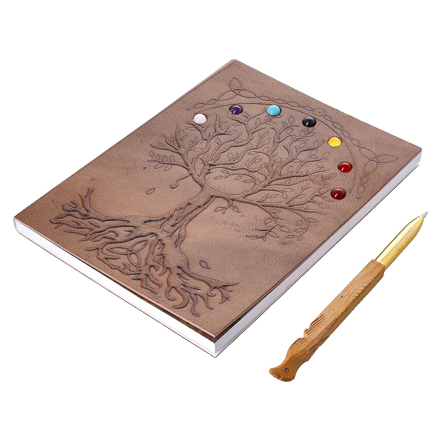 Tree of Life Embossed Seven Chakra Gemstone Leather Diary and Carved Wooden Pen (Size 20x15 Cm) - Brown