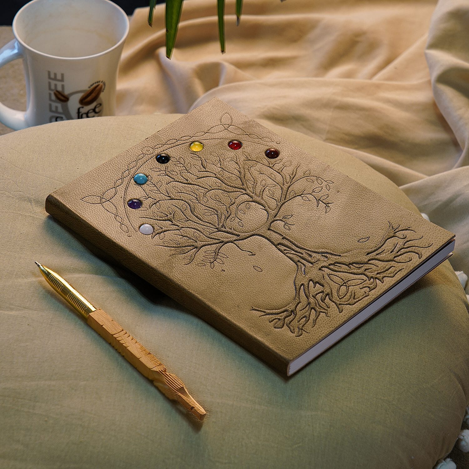 Tree of Life Embossed Seven Chakra Gemstone Leather Diary and Carved Wooden Pen (Size 20x15 Cm) - Brown