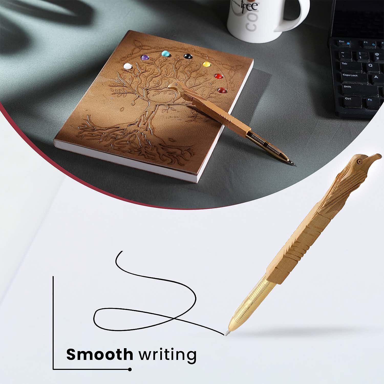 Tree of Life Embossed Seven Chakra Gemstone Leather Diary and Carved Wooden Pen (Size 20x15 Cm) - Brown